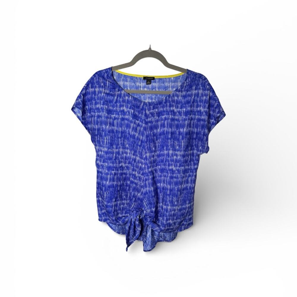 Ann Taylor Blue & White Short Sleeve Tie Front Blouse Size Small